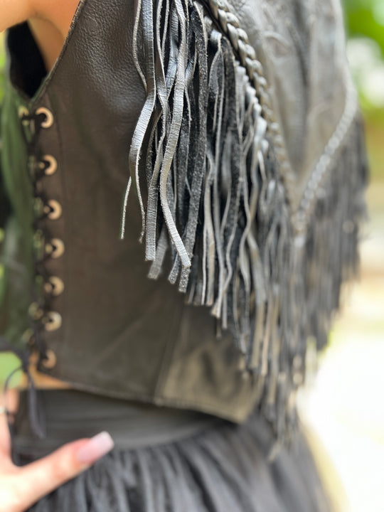 80s Black Leather Biker Vest, Fringe and Roses, Unik