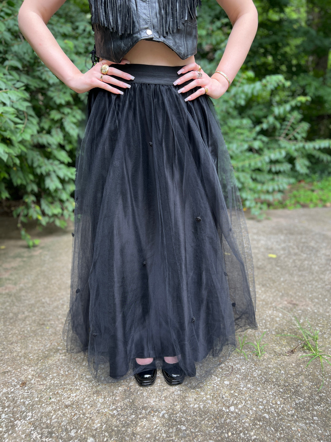 80s Black Maxi skirt with floral accent, Jessica McClintock