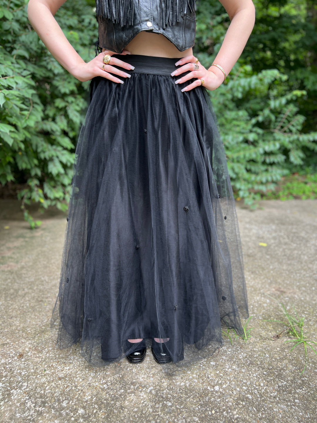 80s Black Maxi skirt with floral accent, Jessica McClintock