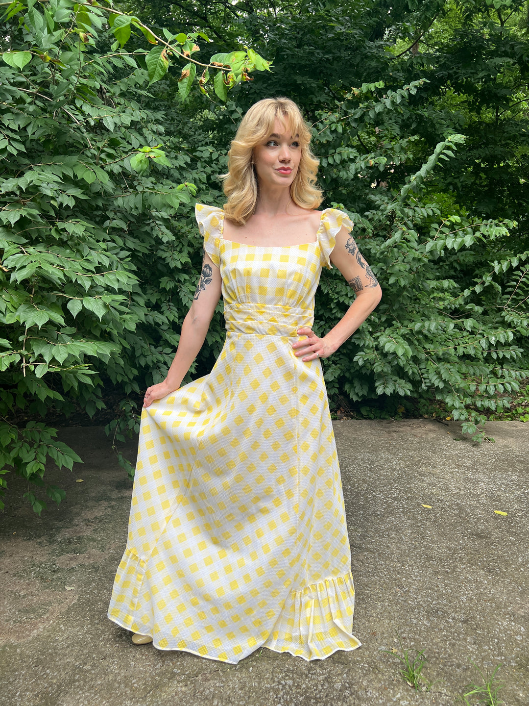 Ladies 70s Yellow & White Gingham Swiss Dot Maxi Dress