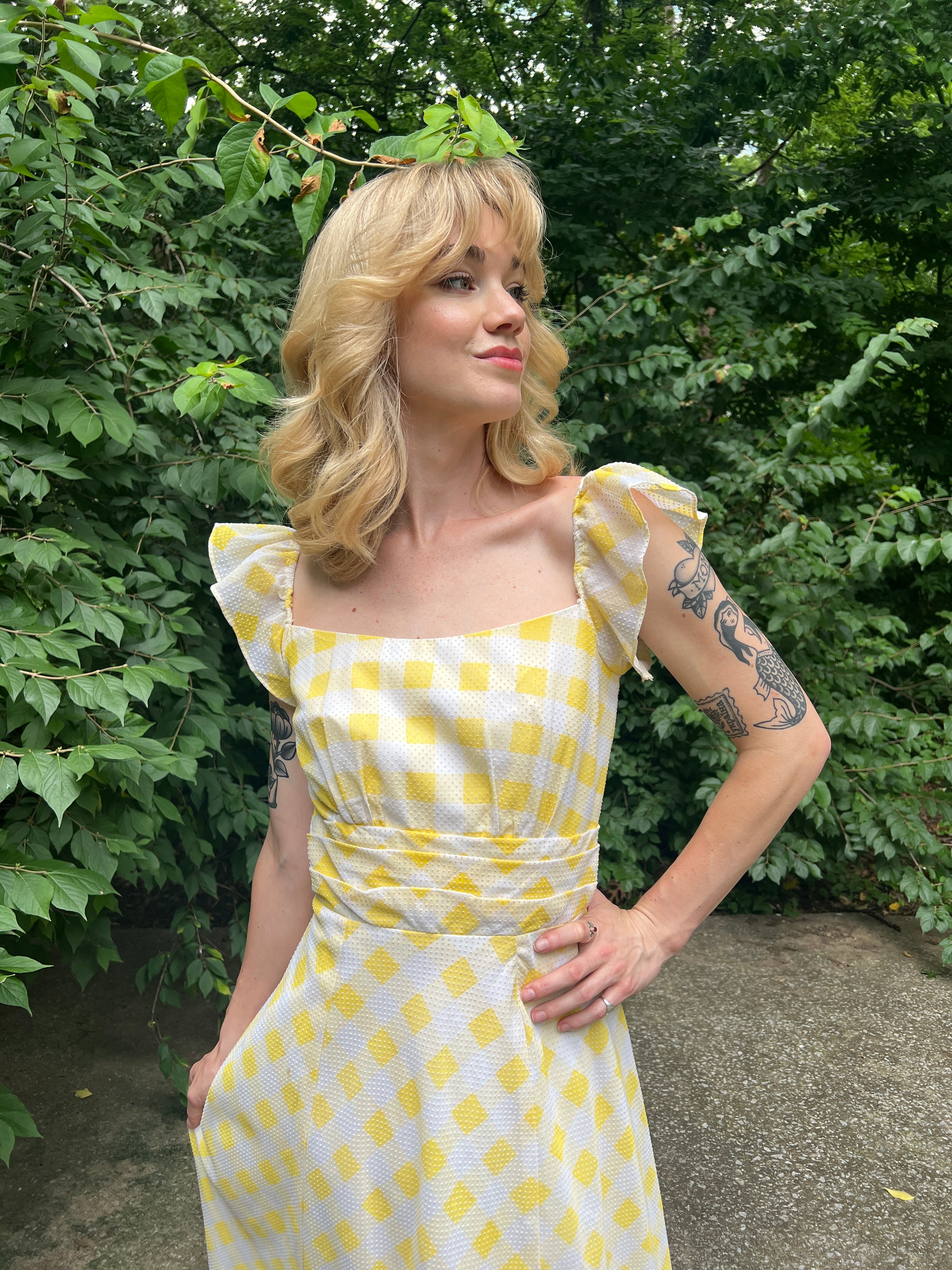 Ladies 70s Yellow & White Gingham Swiss Dot Maxi Dress – The Hip