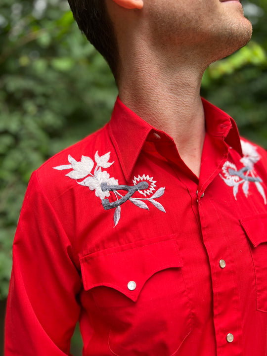 80s Red Western Shirt with Embroidered Flowers by Chute #1