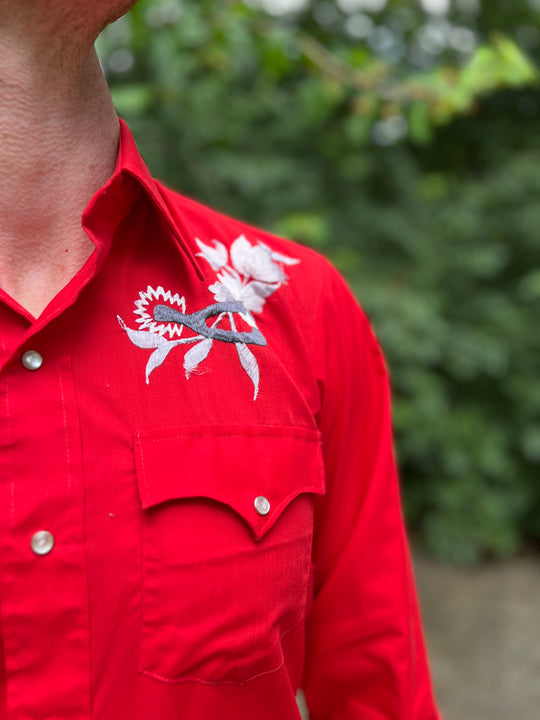 80s Red Western Shirt with Embroidered Flowers by Chute #1