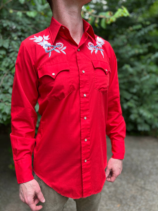 80s Red Western Shirt with Embroidered Flowers by Chute #1