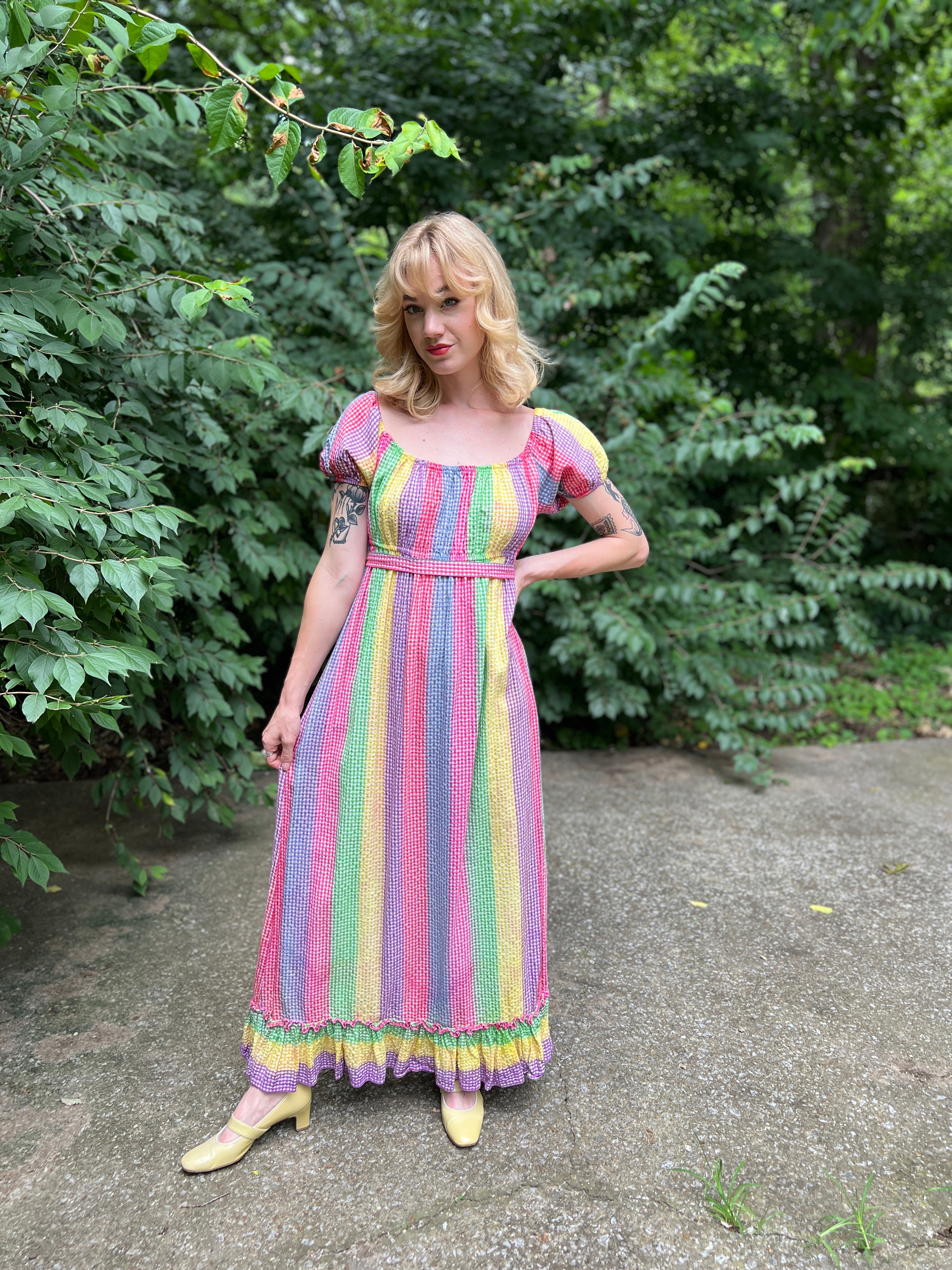 70s Vintage Rainbow Gingham Cotton Peasant style Maxi Dress Beverly P The Hip Zipper Nashville