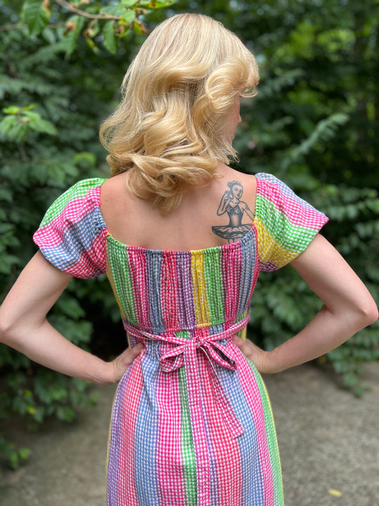 70s Vintage Rainbow Gingham Cotton Peasant-style Maxi Dress, Beverly Paige