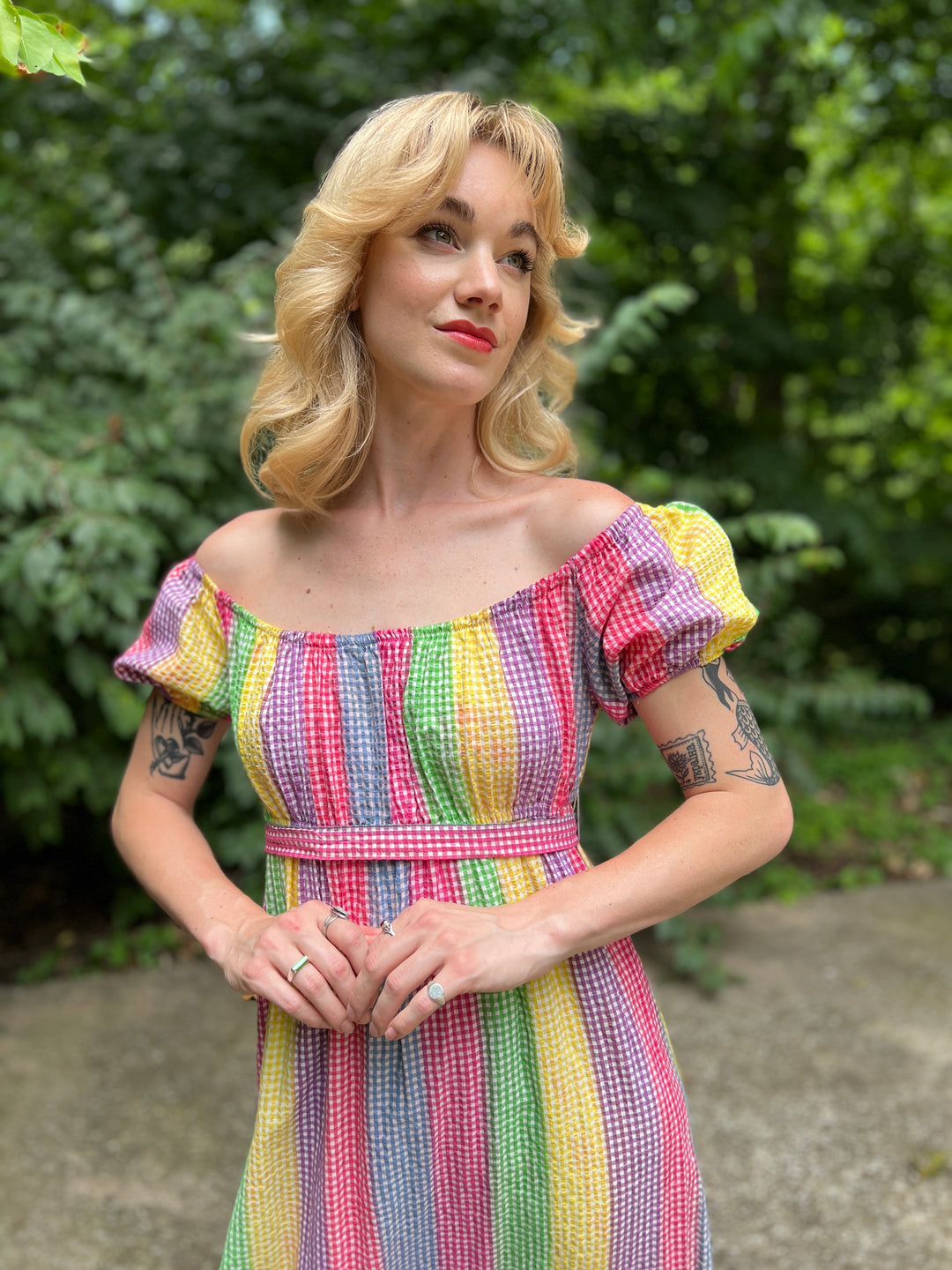 70s Vintage Rainbow Gingham Cotton Peasant-style Maxi Dress, Beverly Paige