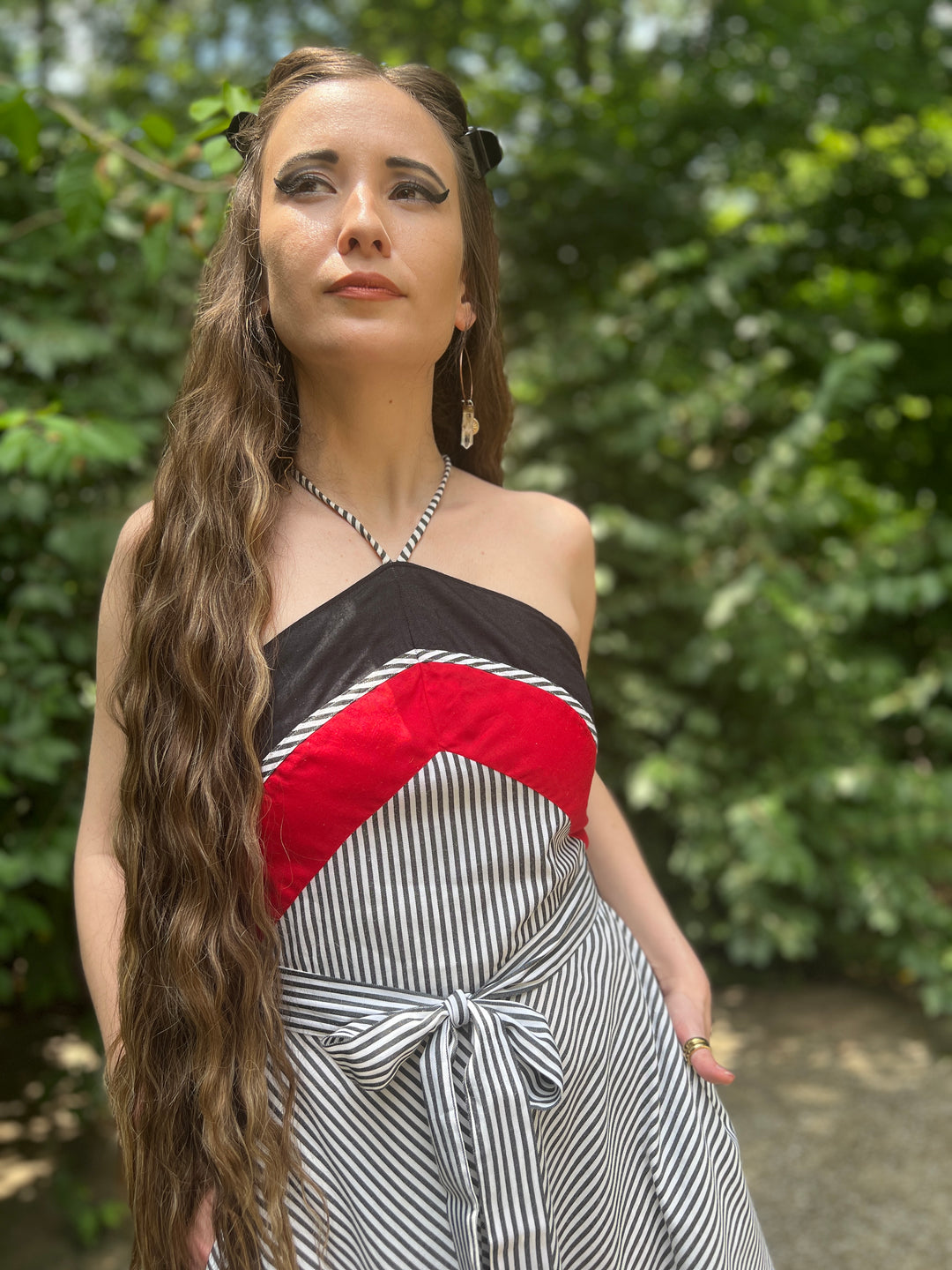 80s Black Red White Striped Halter Dress made by Ibiza