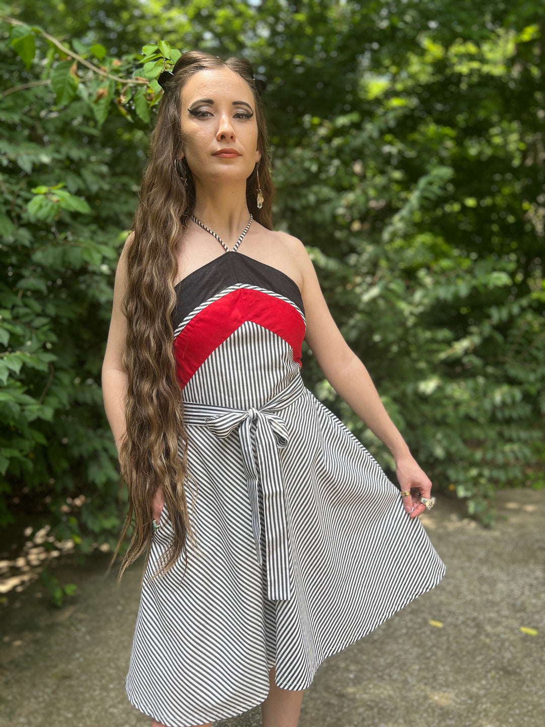 80s Black Red White Striped Halter Dress made by Ibiza