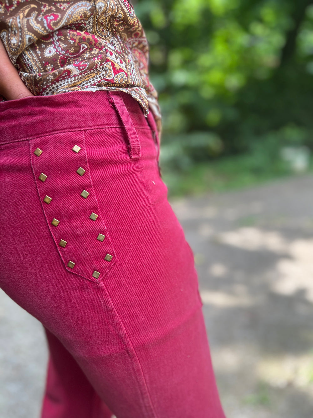 Men's 70s Maroon Brushed Denim Vintage Bell Bottom Jeans, 2 Zippers & Studs