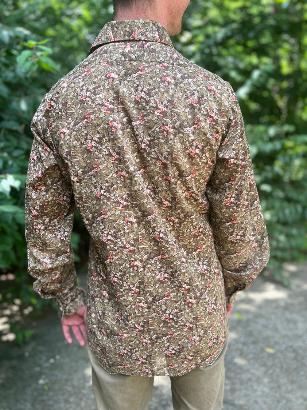 70s Brown Pink Floral Cotton Disco Shirt, Joseph Goldfinger Fabric