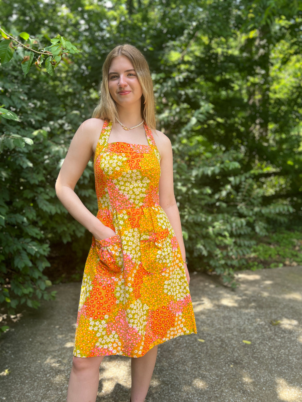 70s Orange Pink Green Halter Sundress