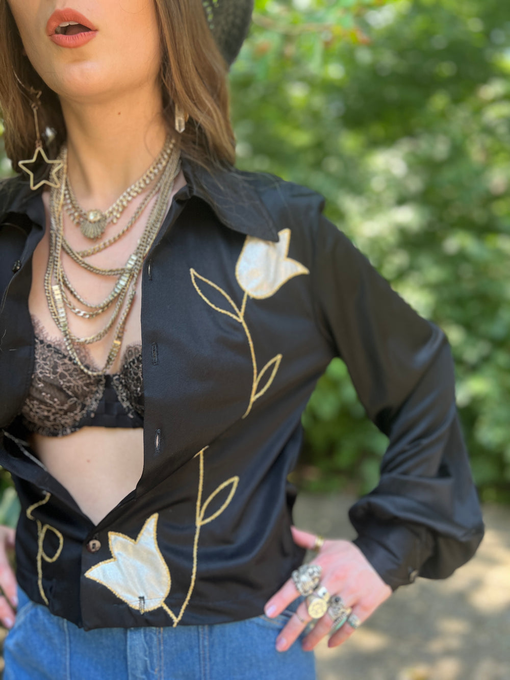 70s Black Nylon Disco Shirt with Silver Tulips by Flair