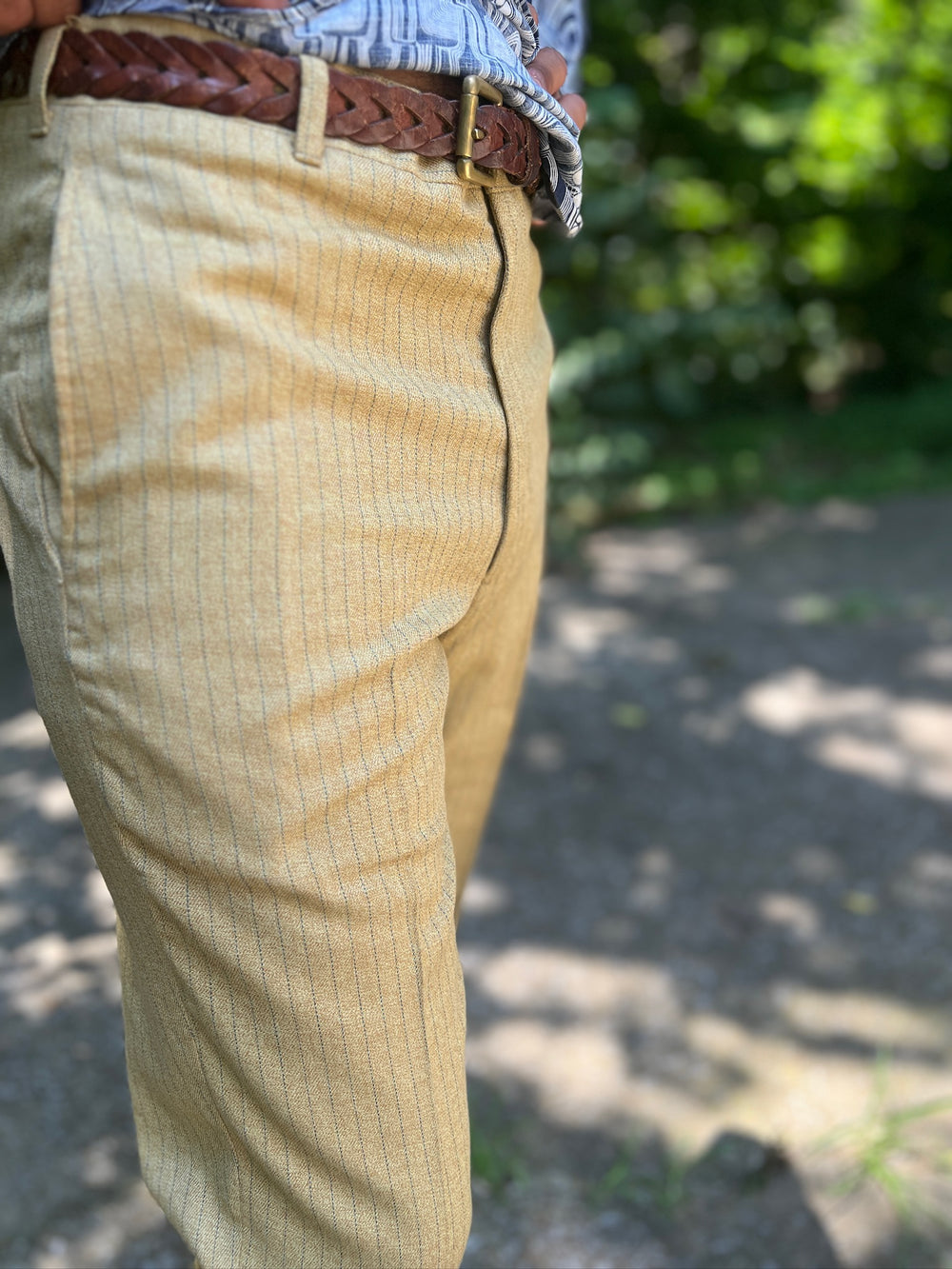 Men's 70s Vintage Gold Blue Pinstriped Slacks, Galey & Lord