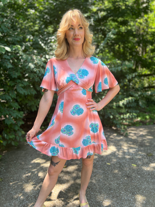 70s Salmon Blue Floral Nylon Mini Dress