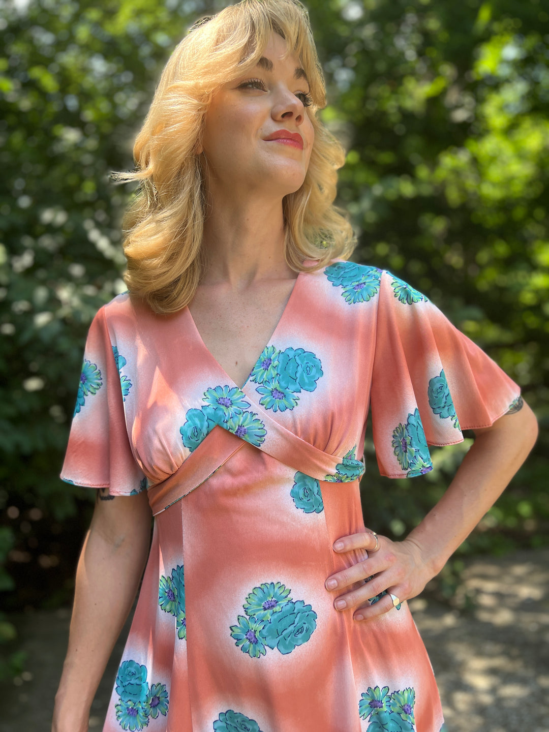 70s Salmon Blue Floral Nylon Mini Dress