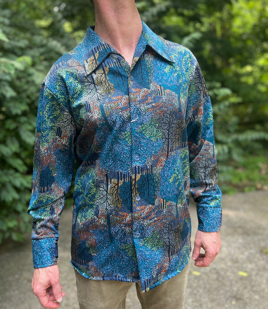 Mens Vintage 70s Disco Shirt with Forest Print, Jantzen 100