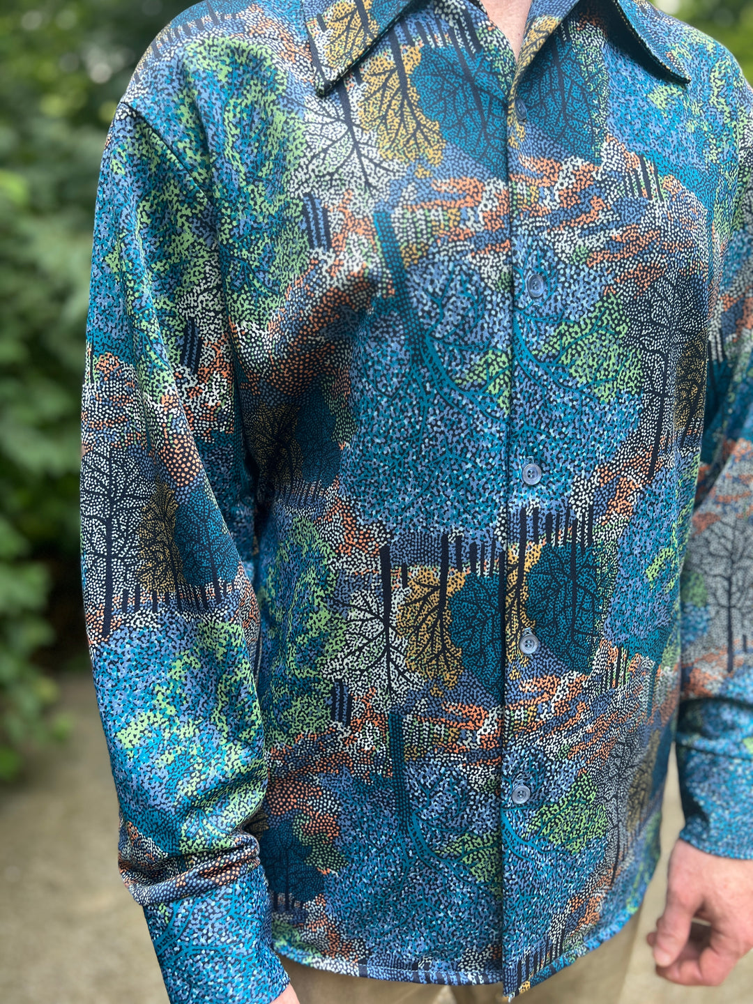 Mens Vintage 70s Disco Shirt with Forest Print, Jantzen 100