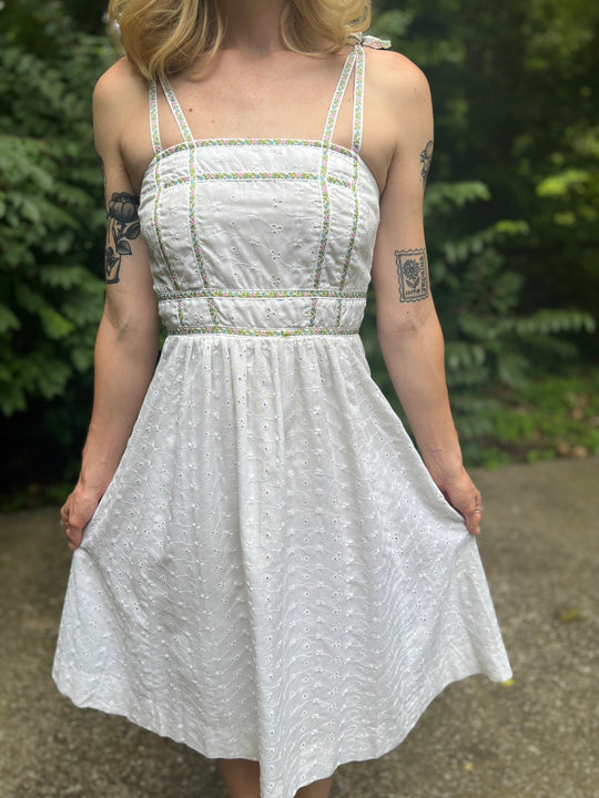 70s White Eyelet Cotton Sundress, Phase II