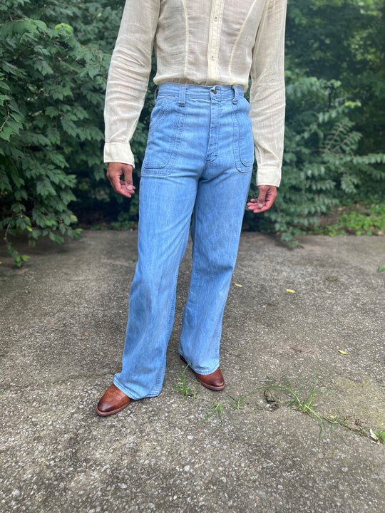 Men's 70s Light Wash Denim Vintage Bell Bottom Jeans, Time and Time Again