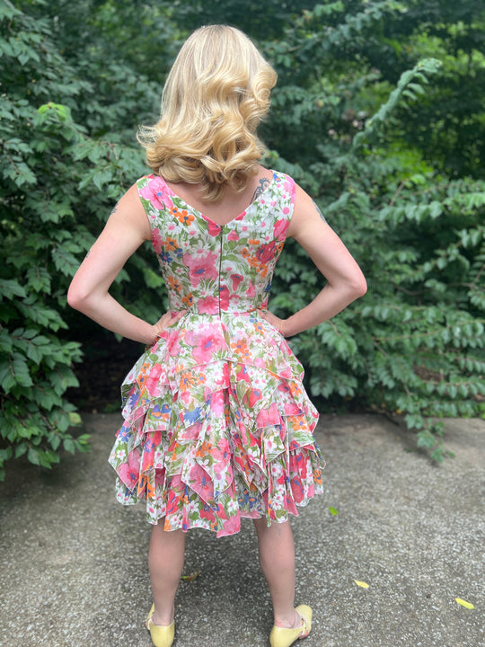 80s Pink White Floral Dress With Tiered skirt