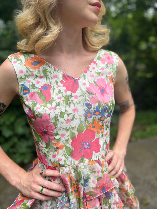 80s Pink White Floral Dress With Tiered skirt