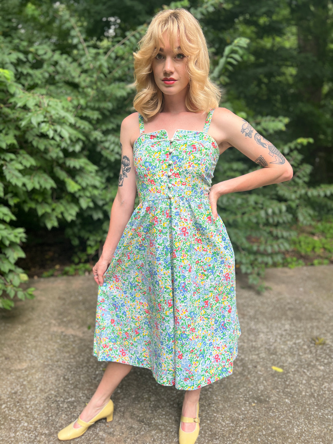 70s Blue Red Yellow Floral Sundress by Lanz