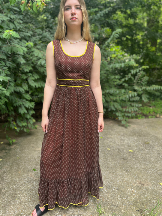 Ladies 70s Brown Yellow Swiss Dot Maxi Dress, Miss Elliette