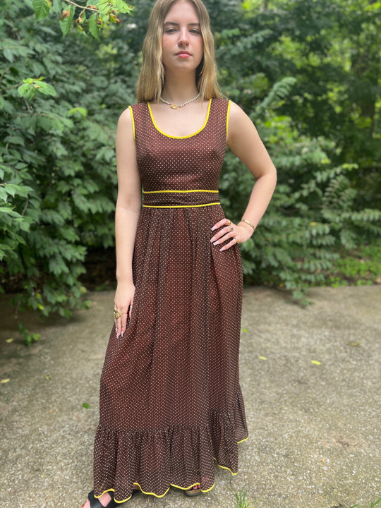 Ladies 70s Brown Yellow Swiss Dot Maxi Dress, Miss Elliette