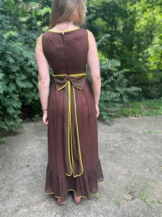 Ladies 70s Brown Yellow Swiss Dot Maxi Dress, Miss Elliette