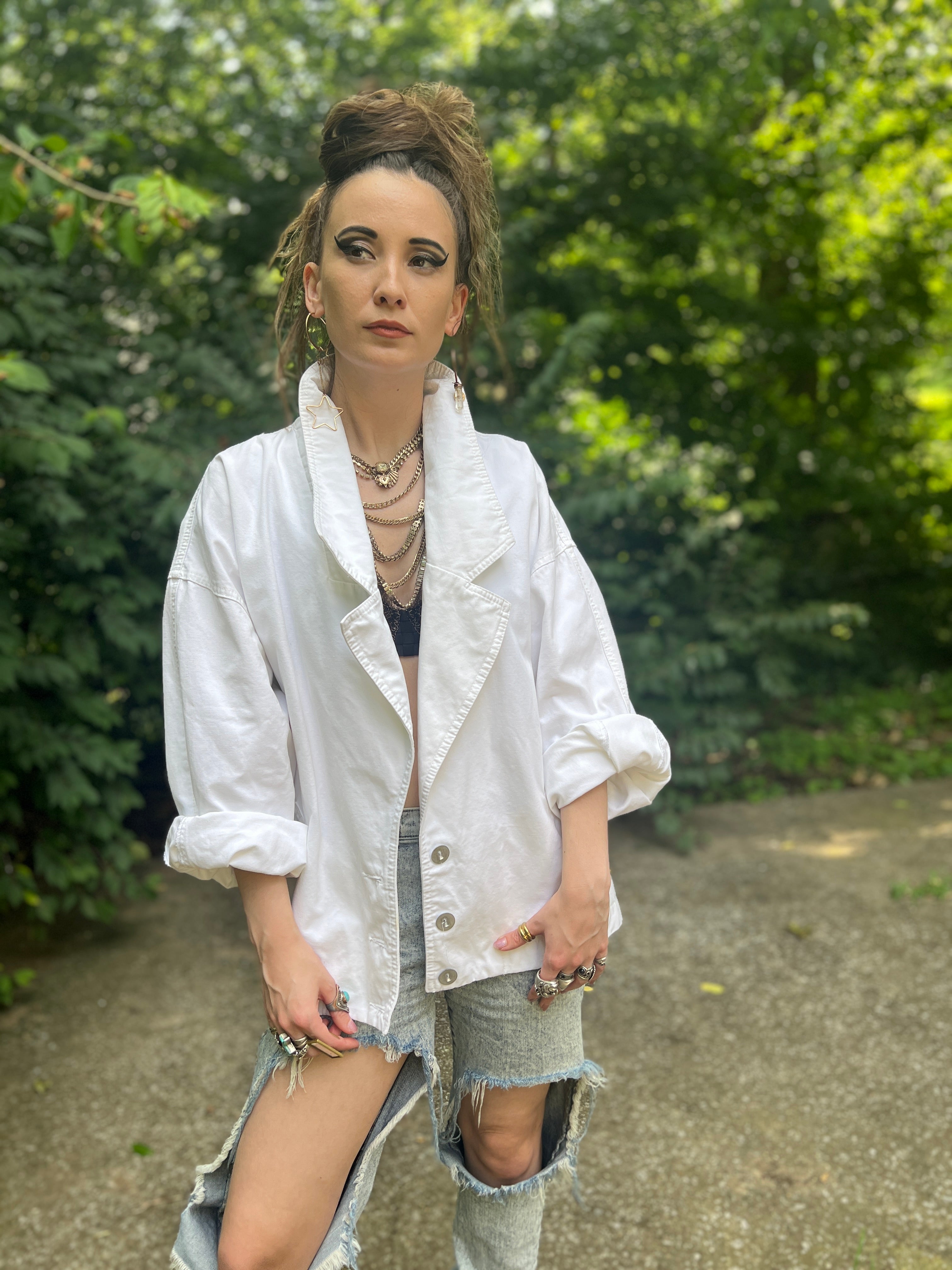 80s White Cotton Oversized Vintage Jacket, Esprit Sport