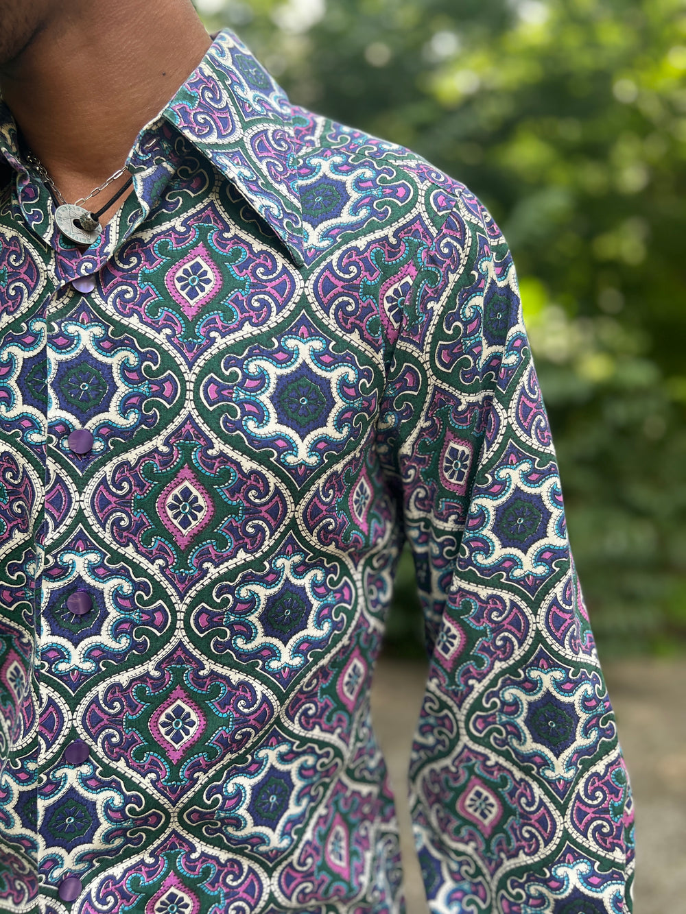 Mens 70s Purple Green Print Psychedelic Disco Shirt