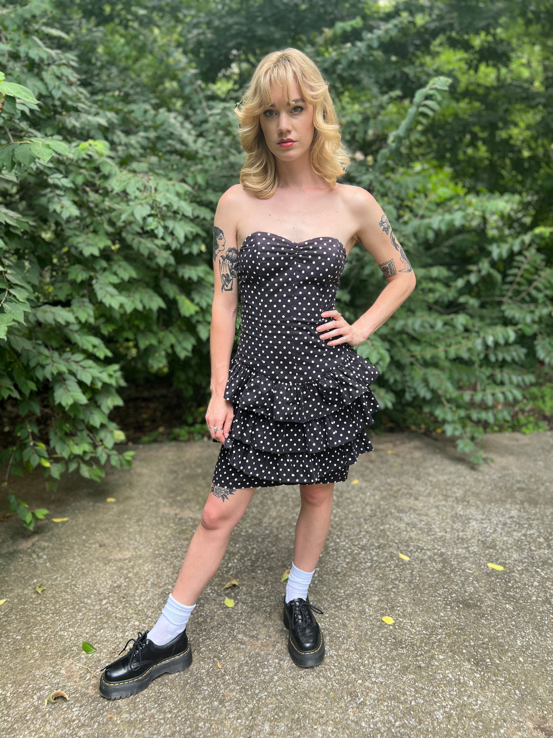 80s Black White Polka Dot Strapless Dress, All That Jazz