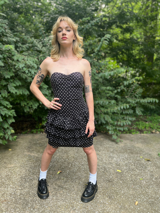 80s Black White Polka Dot Strapless Dress, All That Jazz