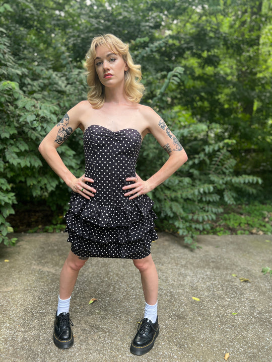 80s Black White Polka Dot Strapless Dress, All That Jazz