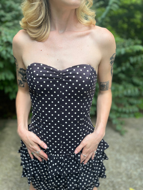 80s Black White Polka Dot Strapless Dress, All That Jazz