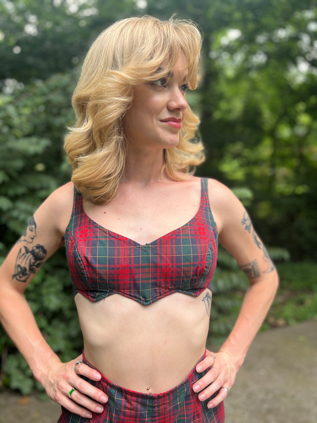 60s Red Green Plaid Cotton 2 Pc. Vintage Swimsuit