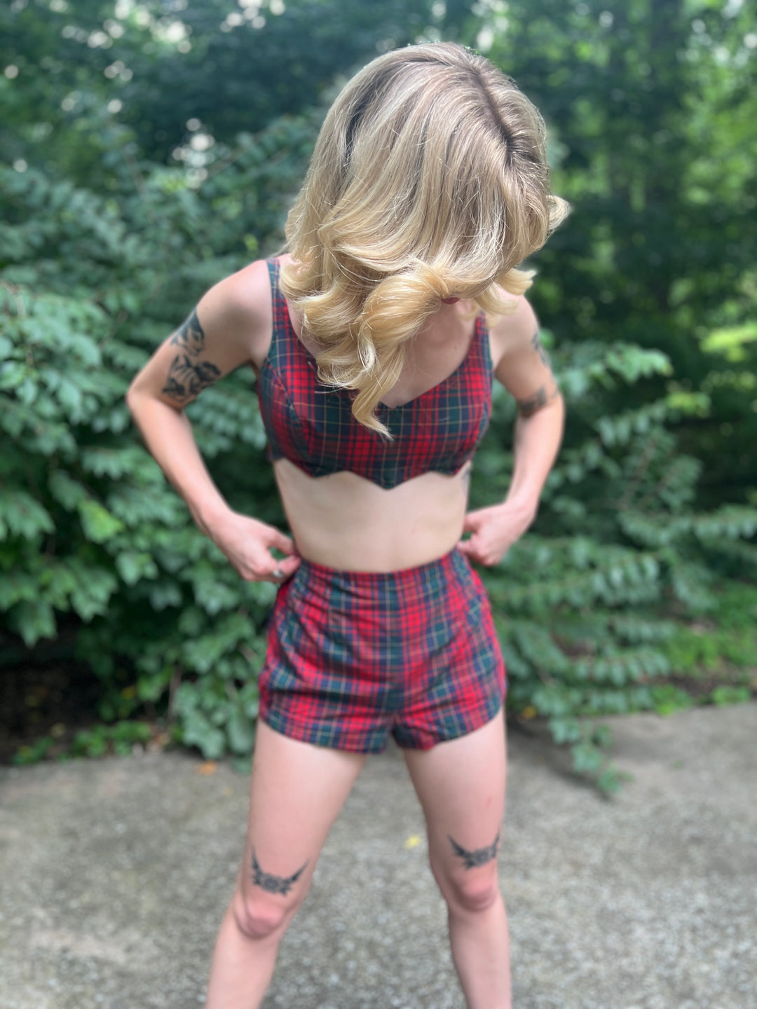 60s Red Green Plaid Cotton 2 Pc. Vintage Swimsuit