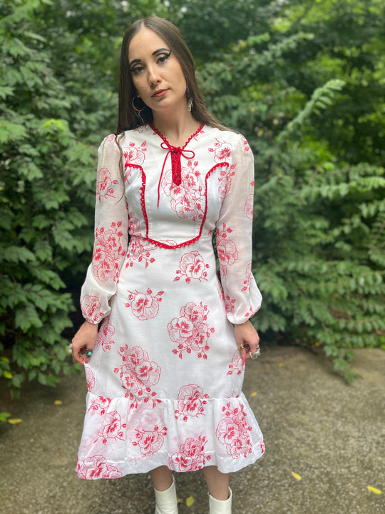 70s White Red Tapestry Floral Dress, Montgomery Ward