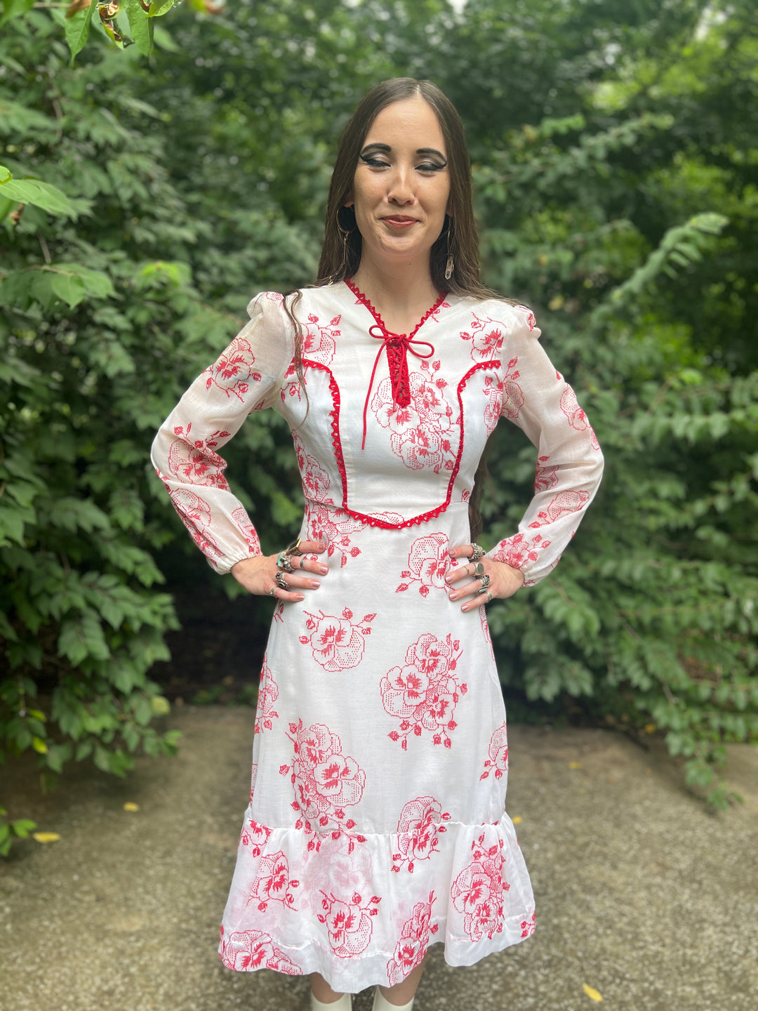 70s White Red Tapestry Floral Dress, Montgomery Ward