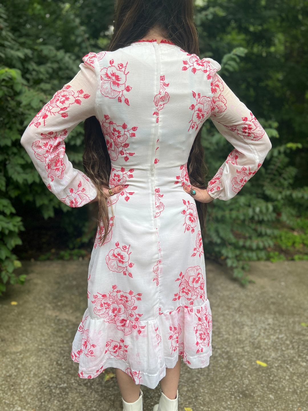 70s White Red Tapestry Floral Dress, Montgomery Ward