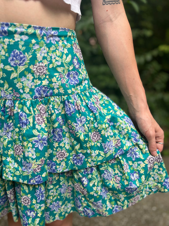 80s Turquoise Purple Floral Tiered Ruffle Mini Skirt, Laura Ashley