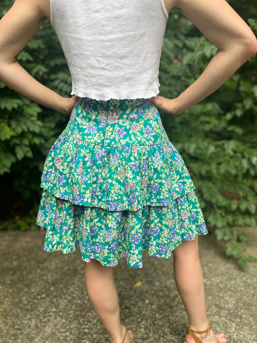 80s Turquoise Purple Floral Tiered Ruffle Mini Skirt, Laura Ashley