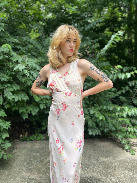 Vintage Cream Floral Bias Cut Dress Gown