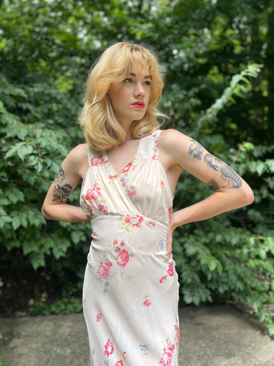 Vintage Cream Floral Bias Cut Dress Gown