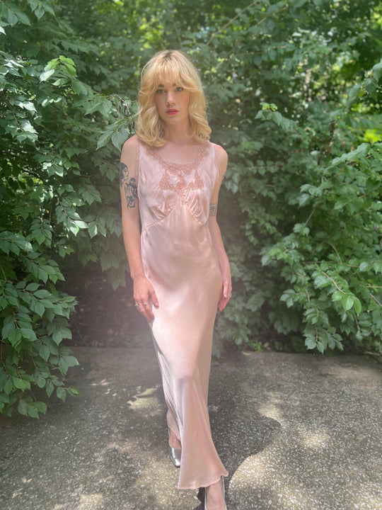 40s Pink Satin Bias Cut Dress Gown, Lace Neckline