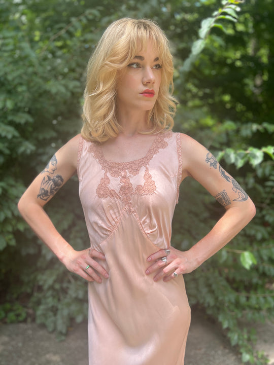 40s Pink Satin Bias Cut Dress Gown, Lace Neckline