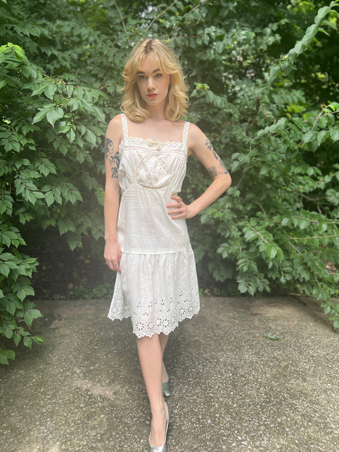 White Cotton Vintage Slip Dress, Eyelet and  Lace Trim