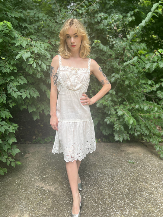 White Cotton Vintage Slip Dress, Eyelet and  Lace Trim