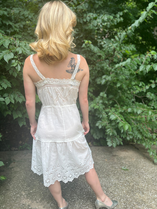 White Cotton Vintage Slip Dress, Eyelet and  Lace Trim